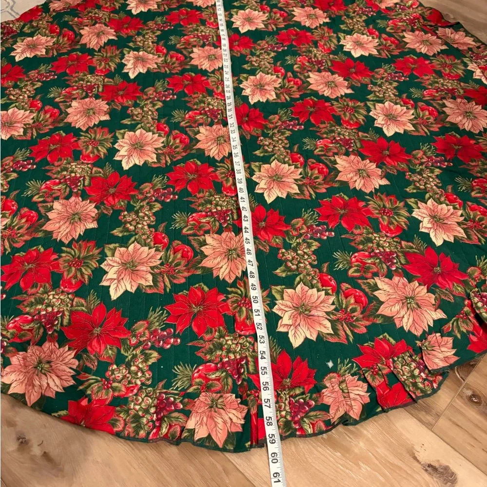 Vintage Christmas Tree Skirt Poinsettia Pomegranate Quilted Ralph Lauren Style